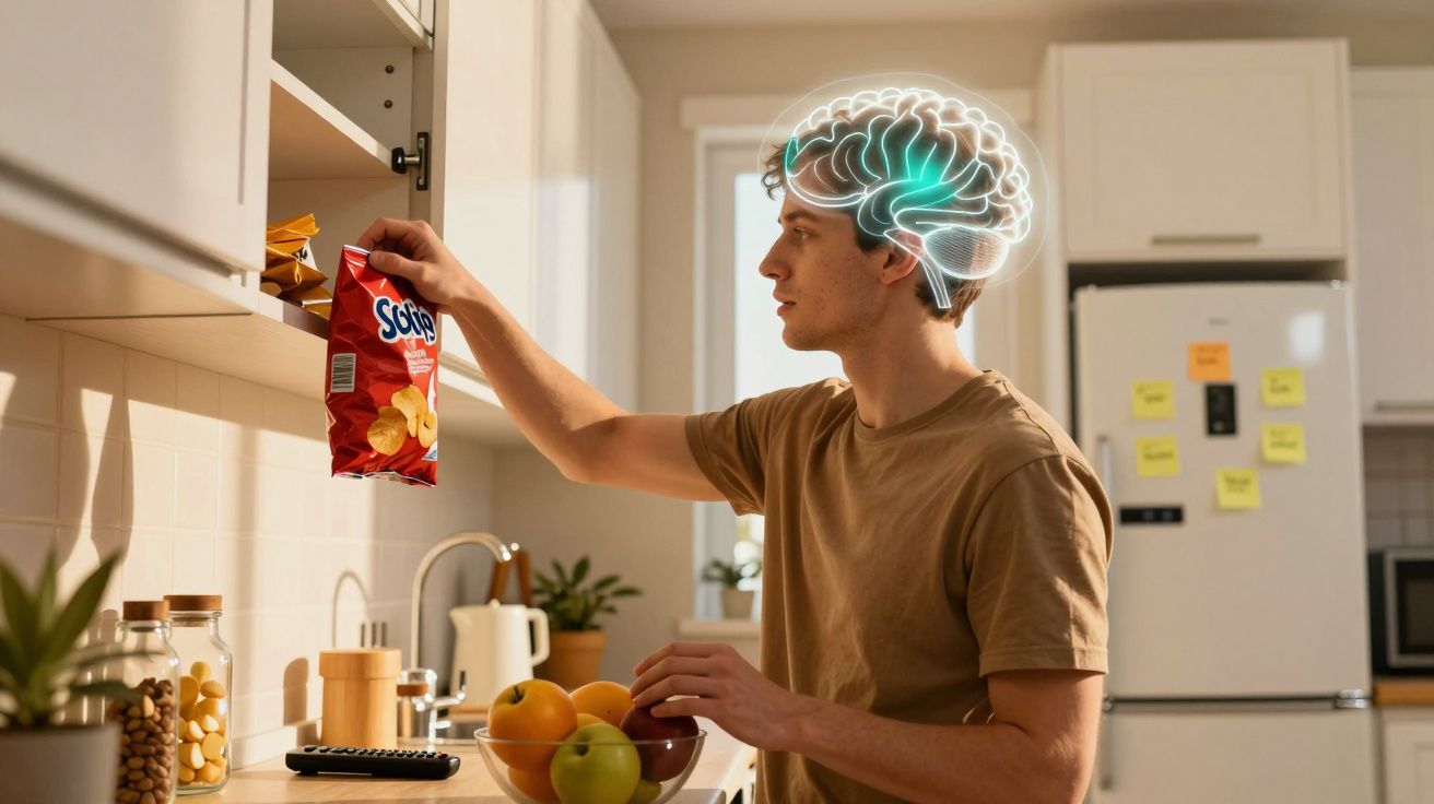 Homem a escolher batatas fritas na cozinha com ilustração digital de cérebro ativo.