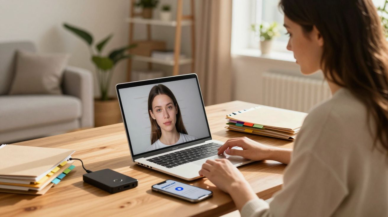 Mulher em vídeo chamada num portátil sentado à secretária com pastas, smartphone e disco externo.