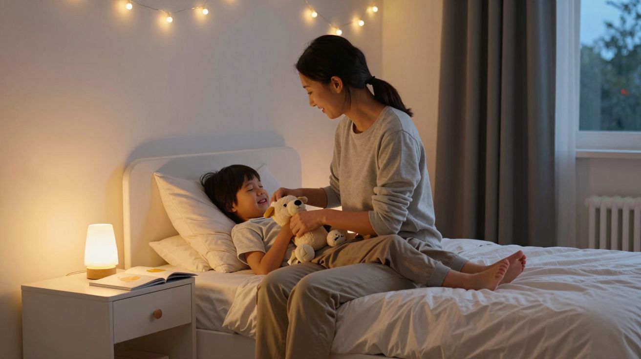 Mãe sentada na cama a brincar com o filho que segura um peluche, com luz suave e decoração acolhedora.