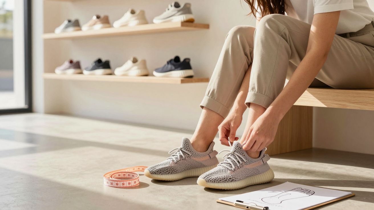 Pessoa a experimentar sapatilhas cinzentas claras sentada numa loja de calçado com fita métrica e desenho de pé no chão.