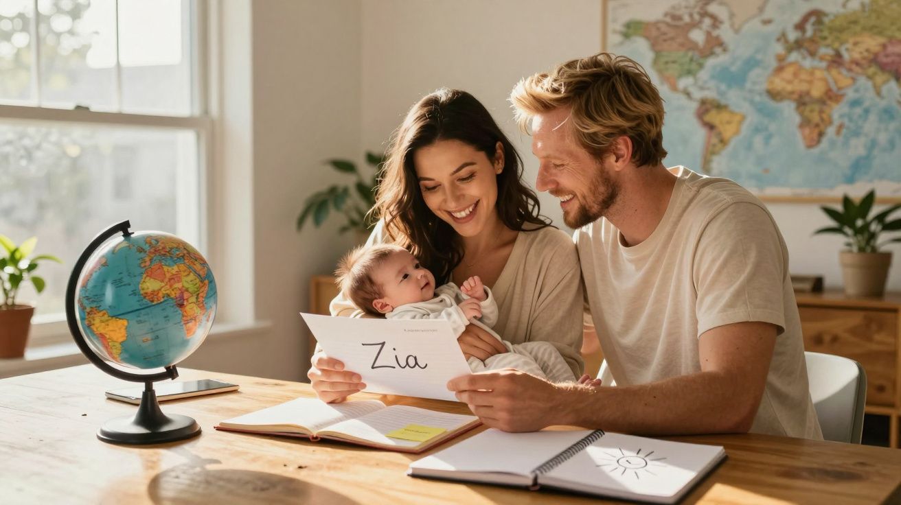 Casal com bebé a segurar folha com a palavra "Zia" enquanto estudam numa mesa com globo terrestre.