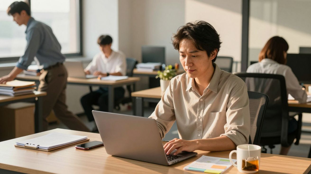 Homem a trabalhar num escritório moderno com outras pessoas ao fundo, luz natural a entrar pela janela.