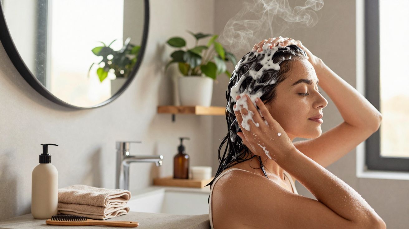 Mulher a lavar o cabelo com espuma num ambiente de casa de banho moderno e iluminado.