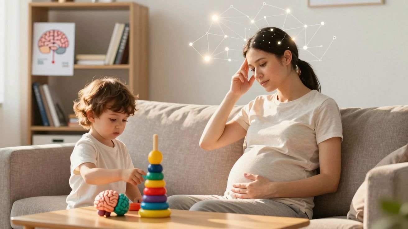 Mulher grávida sentada no sofá com criança a brincar, com ilustração gráfica de conexões cerebrais acima da cabeça dela.