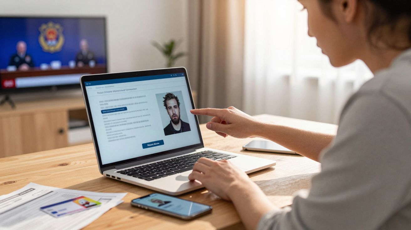 Pessoa a preencher formulário online com fotografia numa aplicação num portátil numa mesa com documentos e telemóvel.