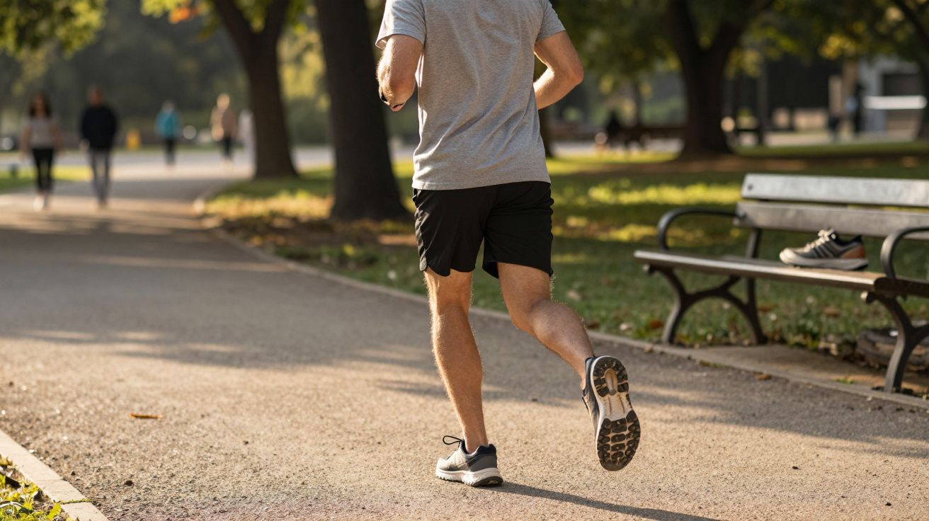 Homem a correr num parque com árvores e banco ao lado num dia ensolarado.