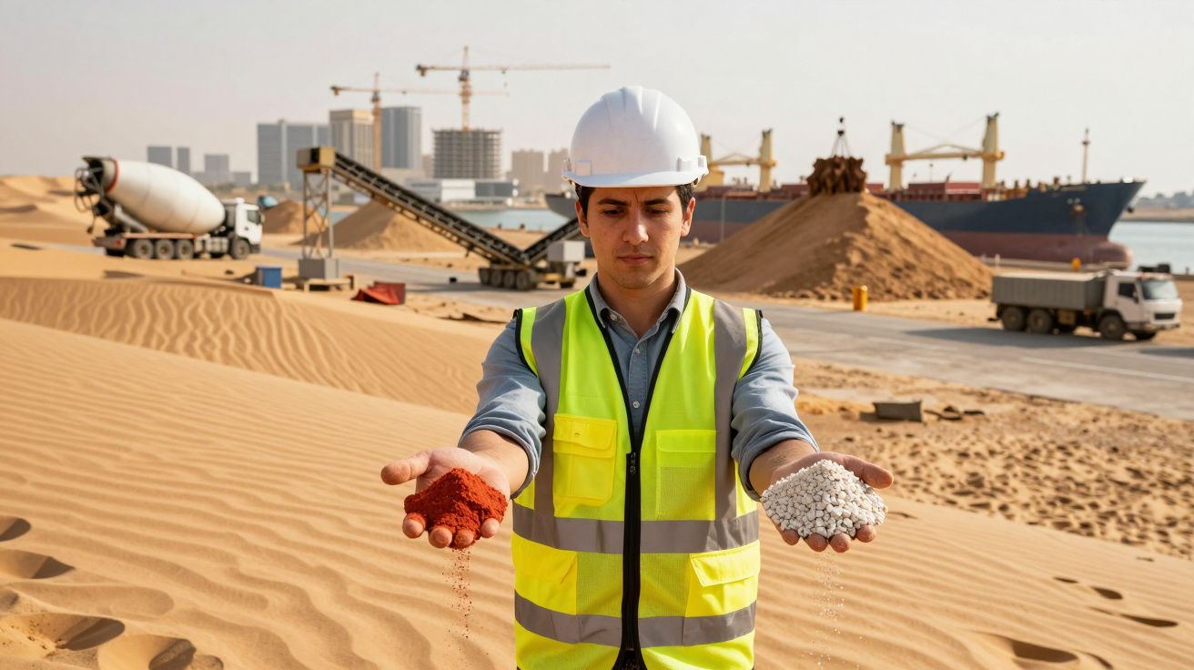 Homem com capacete e colete de segurança segurando areia vermelha e pedras brancas num porto industrial.