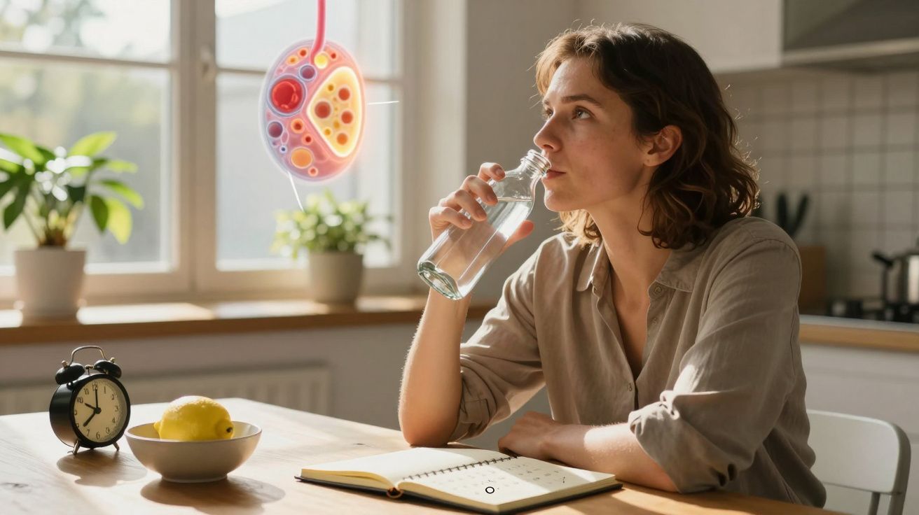 Mulher a beber água numa cozinha, com livro aberto, relógio e limão na mesa, e ilustração de rim visível.