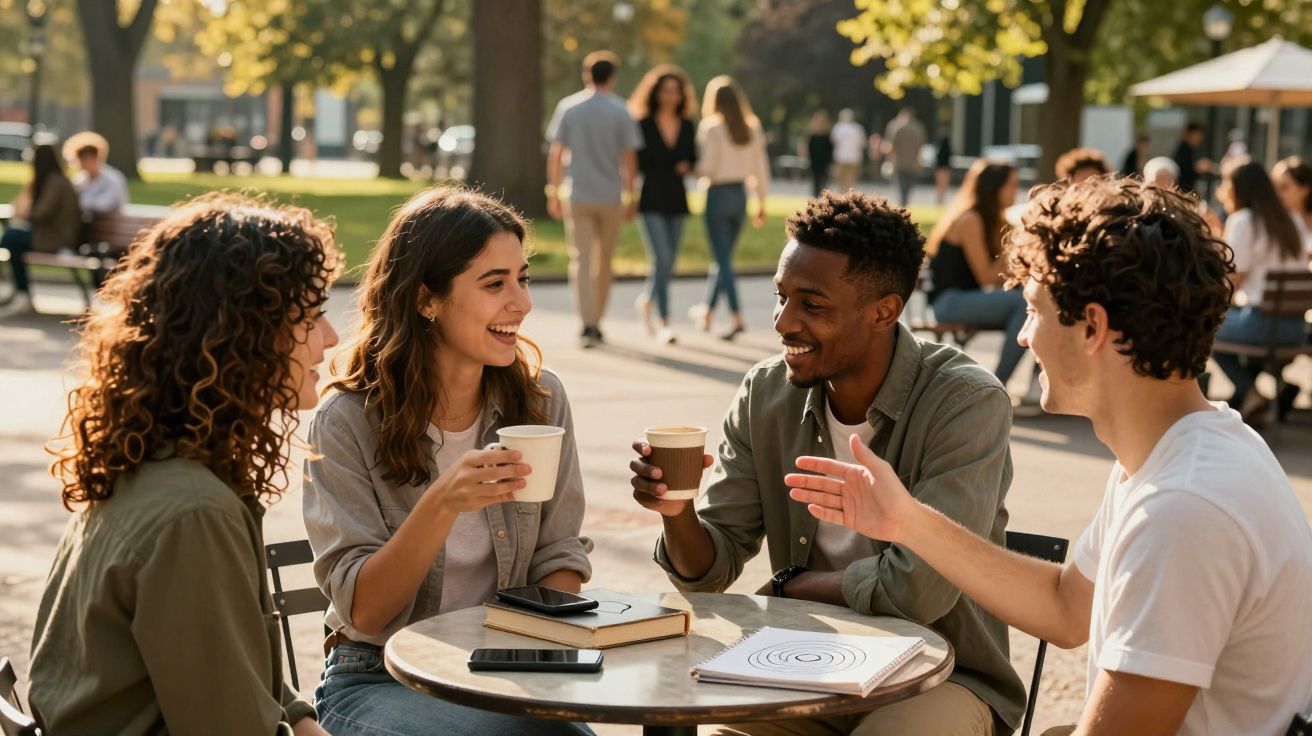 Grupo de quatro jovens a conversar e beber café num café ao ar livre num dia soalheiro.