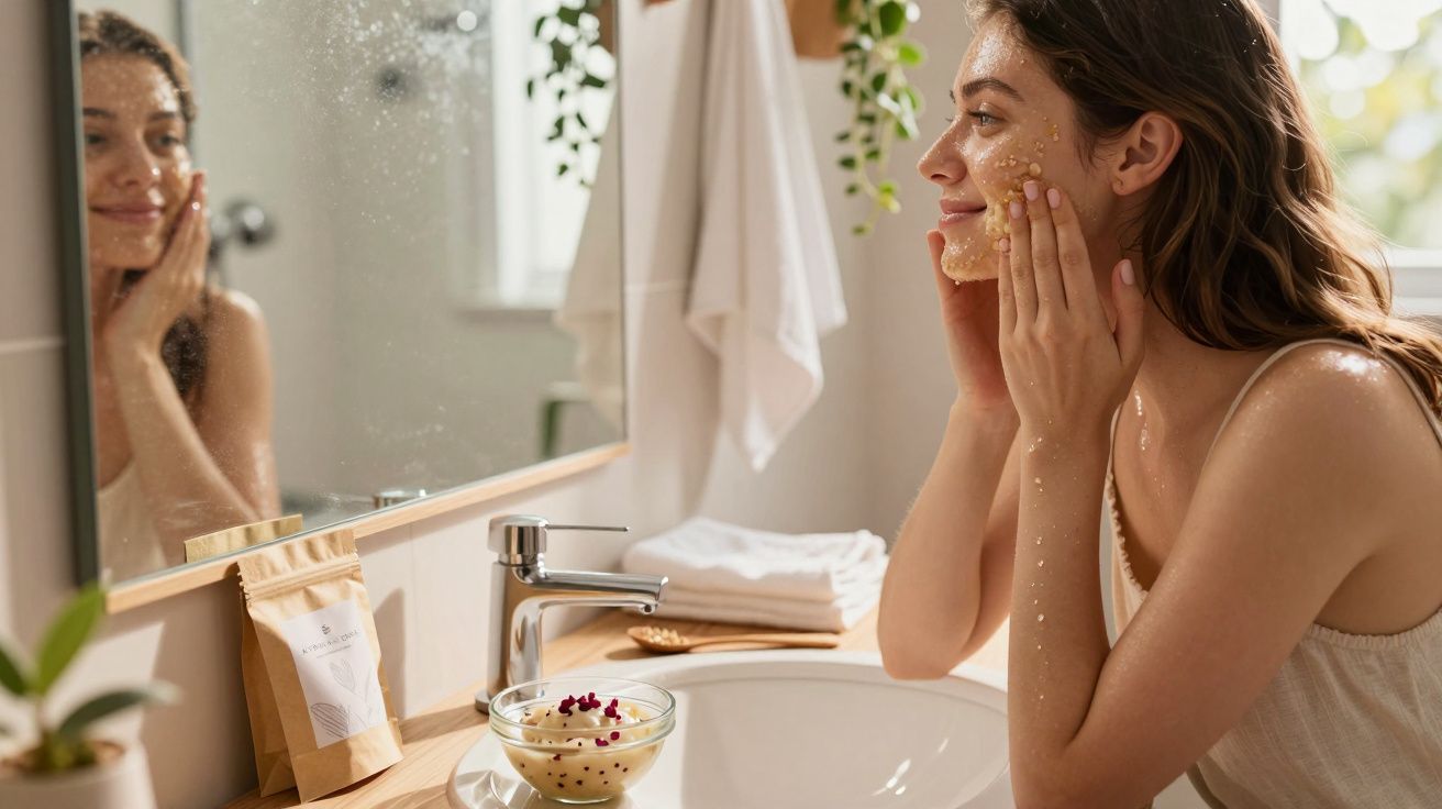 Mulher aplica esfoliante facial junto ao lavatório, olhando-se ao espelho com expressão relaxada.