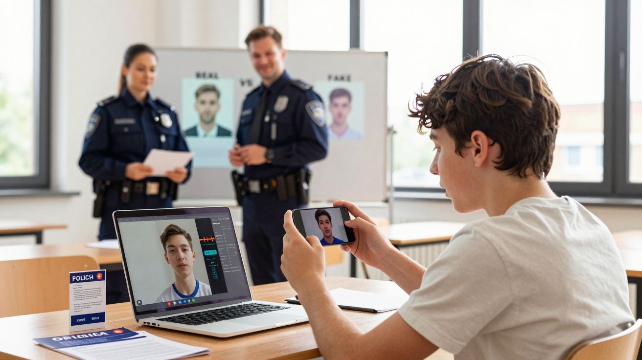 Jovem grava vídeo suspeito enquanto dois polícias analisam fotos em aula sobre identificação verdadeira e falsa.