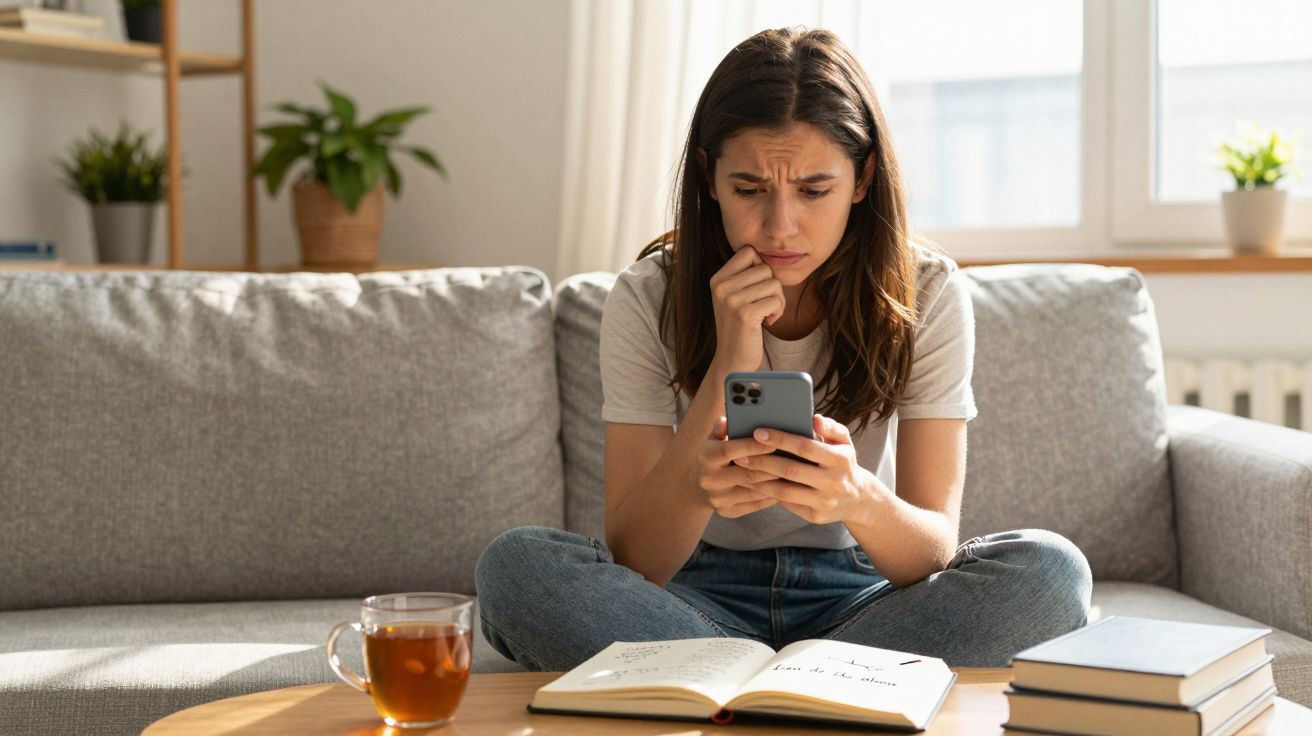 Mulher sentada no sofá a olhar com preocupação para o telemóvel, com livros e chá na mesa à frente.