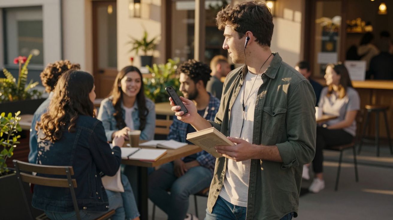 Jovem segurando livro e telemóvel com auriculares, com grupo de pessoas a conversar numa esplanada ao fundo.