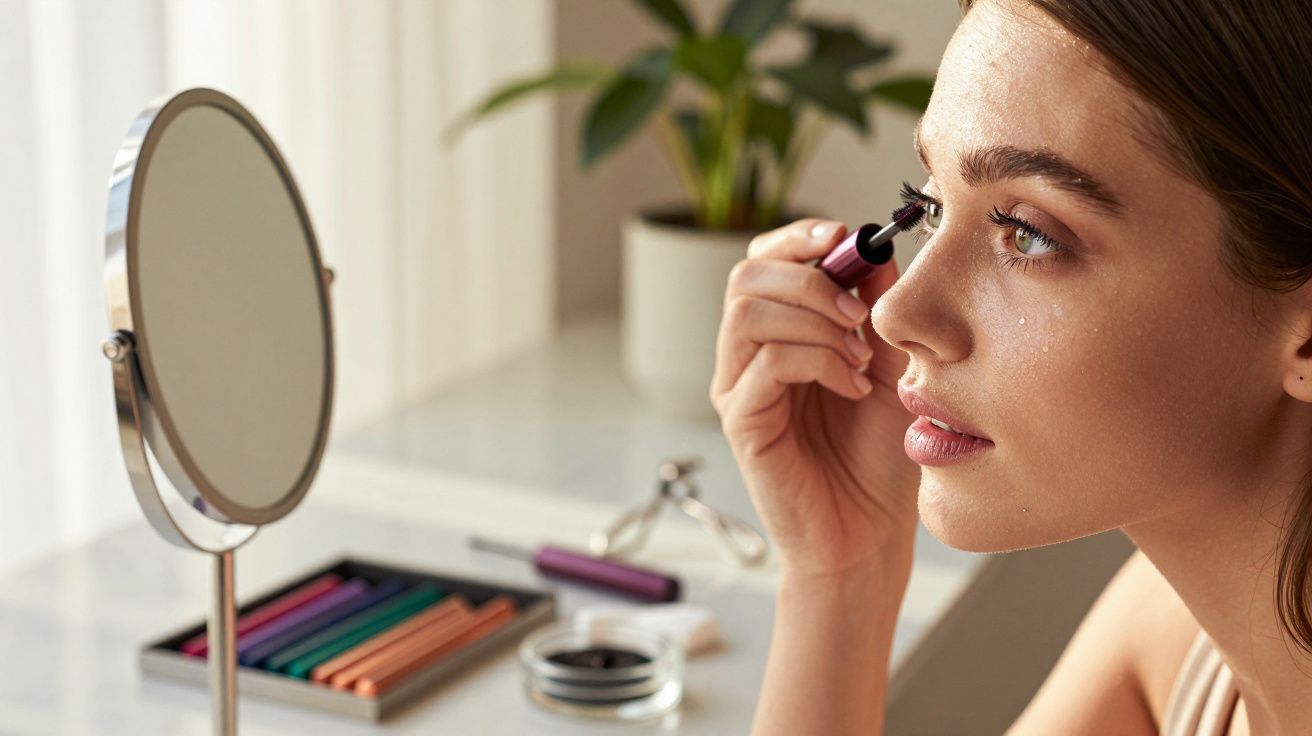Mulher aplicando máscara de pestanas diante de espelho de maquilhagem num ambiente luminoso.