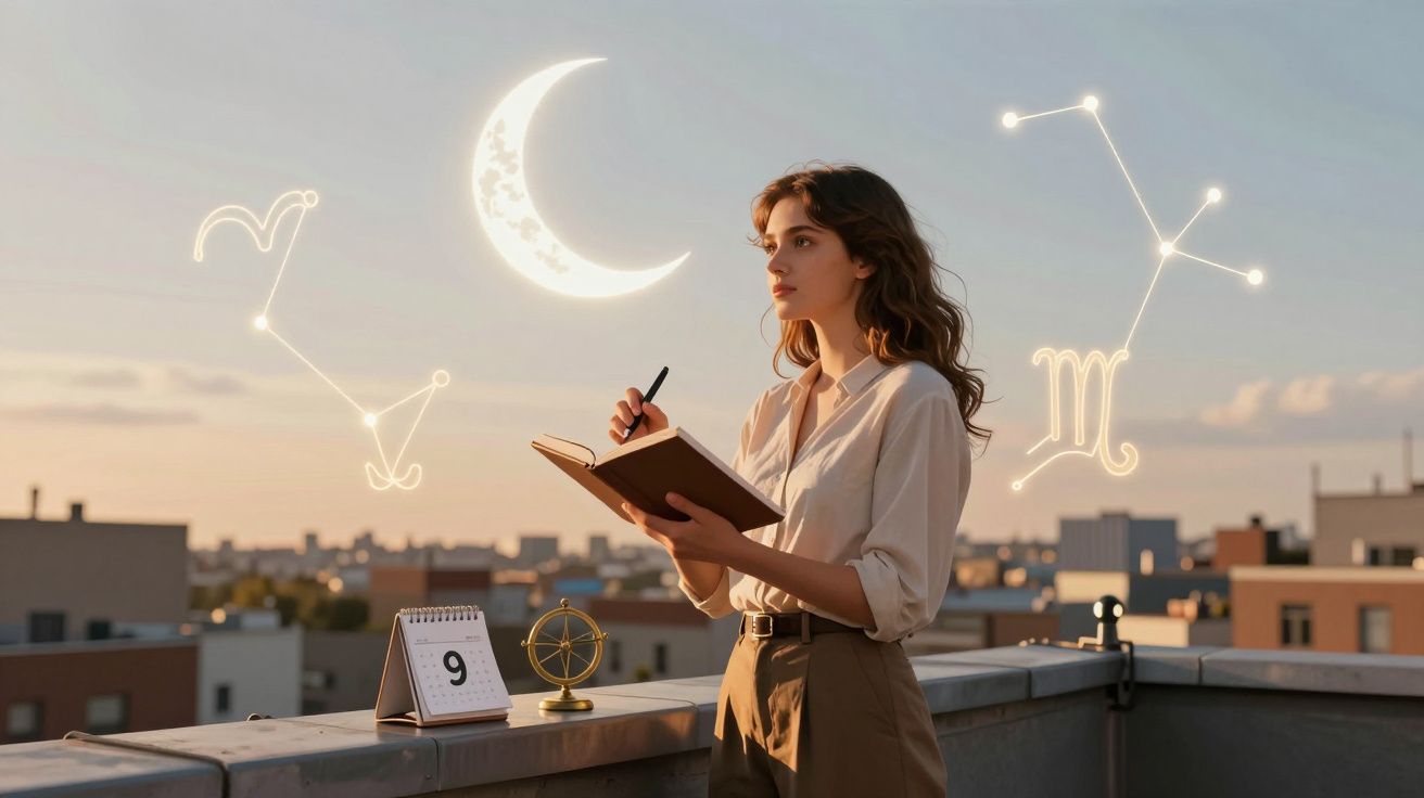 Mulher escreve num caderno numa varanda ao pôr do sol com constelações e lua iluminadas digitalmente no céu.