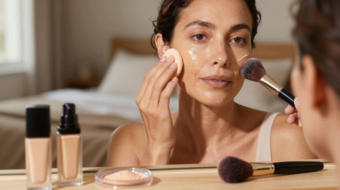 Mulher a aplicar base de maquilhagem no rosto em frente a um espelho num quarto.