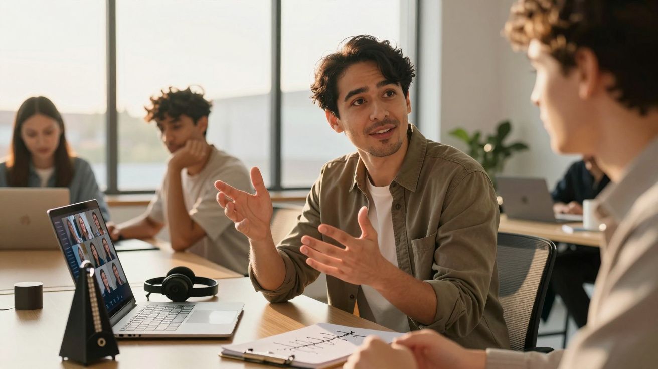 Jovem a falar numa reunião de trabalho, com colegas e chamadas de vídeo numa sala iluminada por luz natural.