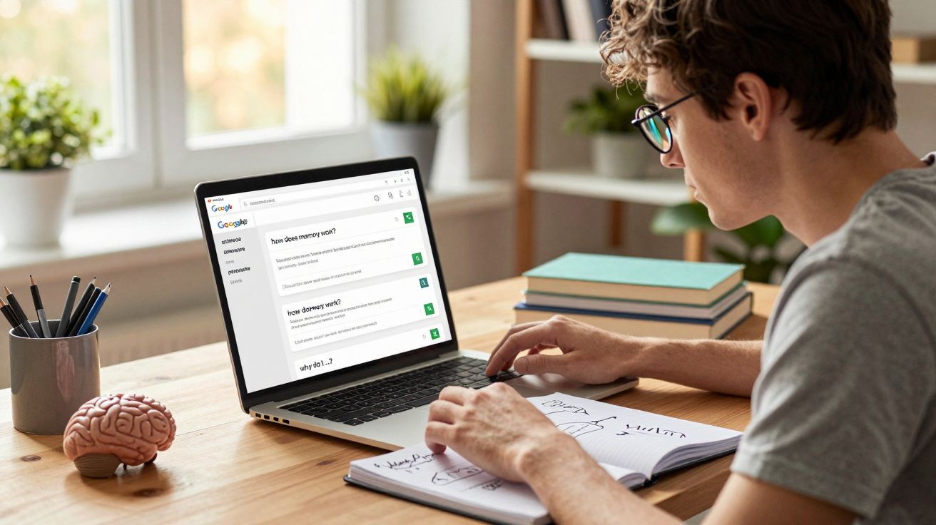 Pessoa com óculos usa portátil para pesquisas enquanto consulta apontamentos num caderno numa secretária.