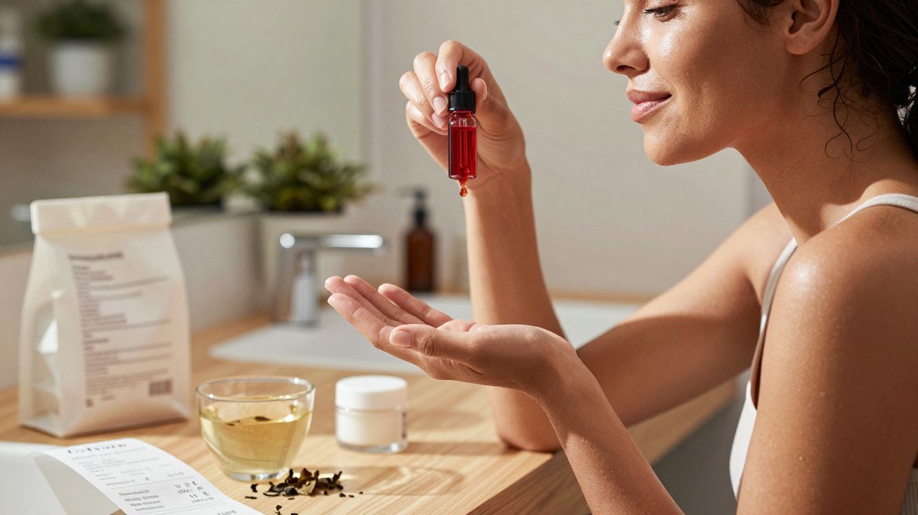 Mulher a aplicar gotas de sérum vermelho nas mãos num ambiente luminoso de cuidado pessoal.