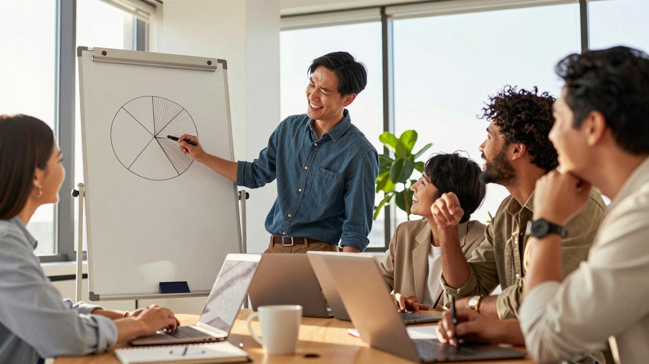 Homem apresenta gráfico circular a equipa reunida numa sala de escritório moderna.