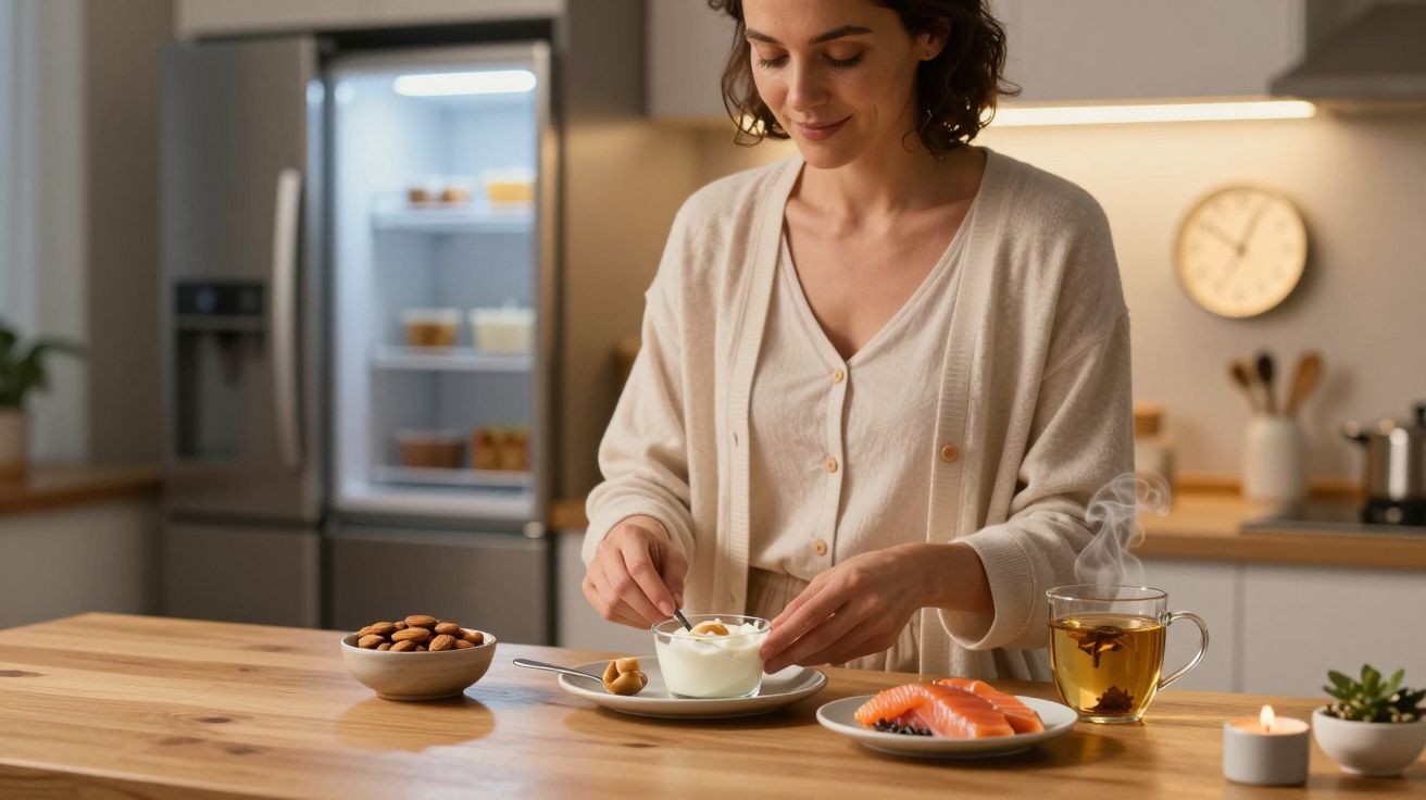 Mulher prepara pequeno-almoço com iogurte, frutos secos, salmão e chá numa cozinha moderna e iluminada.