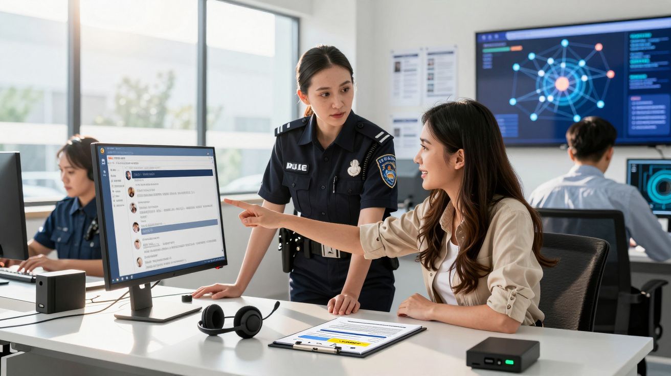 Polícia feminina em uniformes discutindo dados em computador num centro de operações moderno.