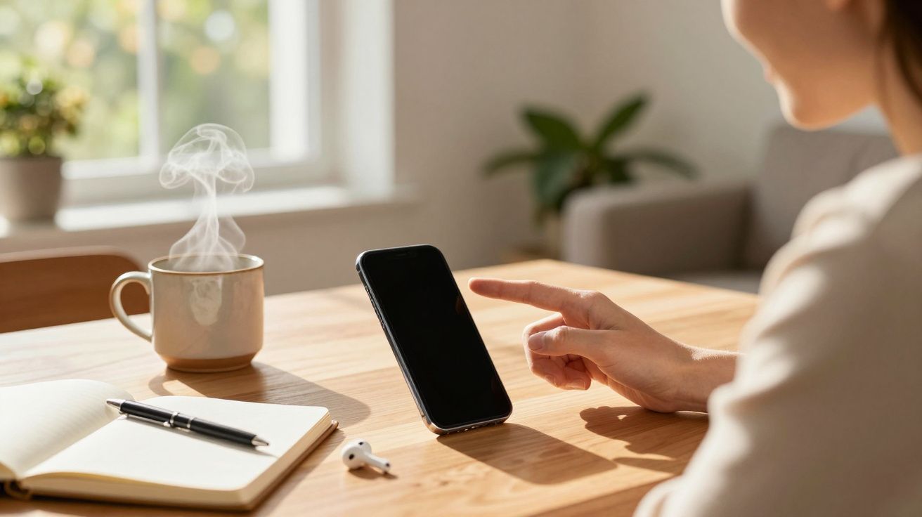 Pessoa a usar telemóvel sobre mesa de madeira com caderno, caneta, auricular e chá quente a libertar vapor.