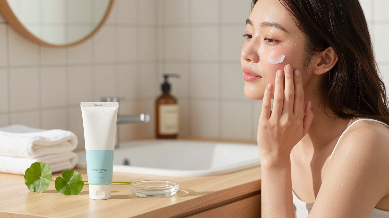 Mulher aplicação creme facial num ambiente de casa de banho minimalista e luminosa.