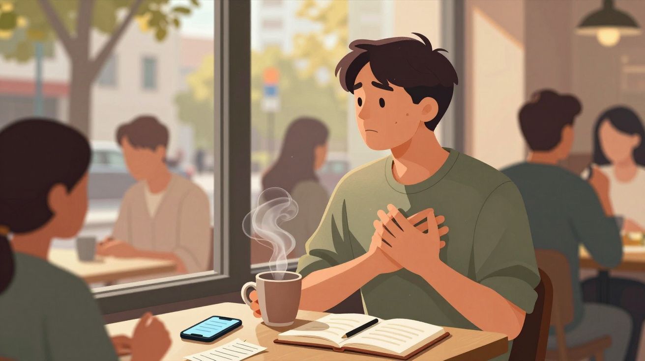 Homem preocupado a segurar o peito sentado numa cafetaria com chá e um caderno aberto à sua frente.