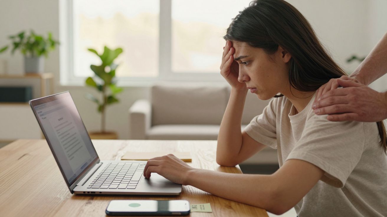 Mulher preocupada a olhar para o computador, com mão de apoio no ombro, num ambiente doméstico tranquilo.