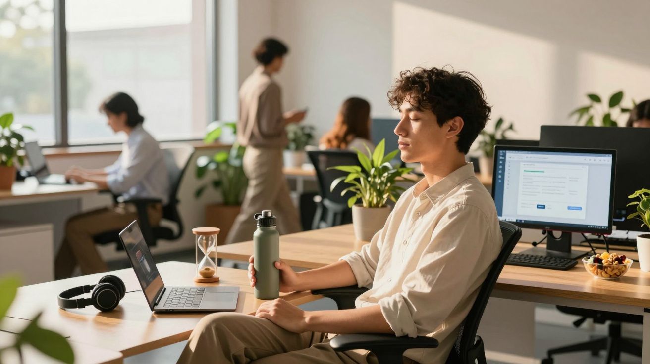 Jovem sentado numa cadeira de escritório com olhos fechados, segurando uma garrafa, num espaço de trabalho aberto.