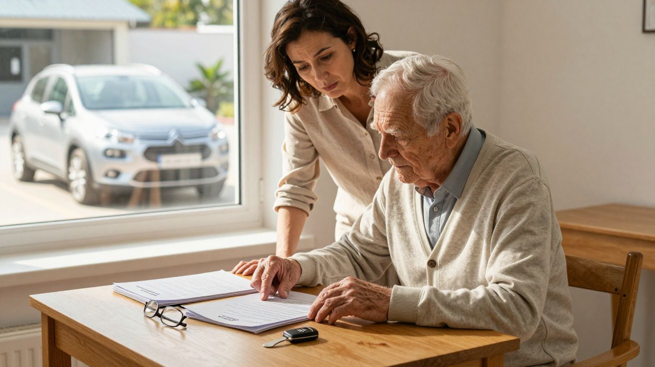 Homem idoso sentado a analisar documentos com uma mulher ao seu lado, numa mesa de madeira junto à janela.