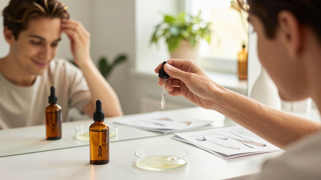 Jovem com expressão sorridente segura conta-gotas sobre placa de Petri num laboratório ou ambiente de estudo.