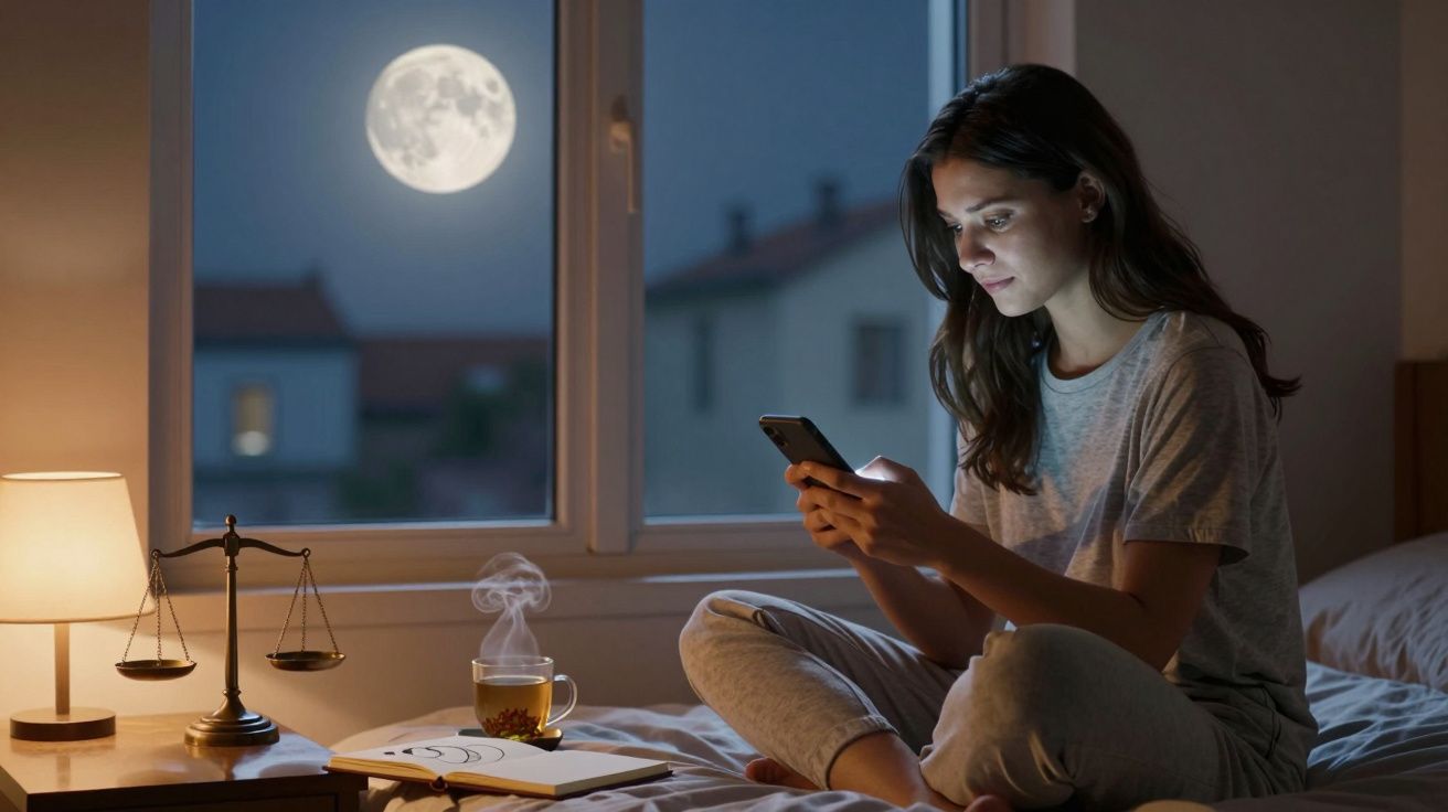 Mulher sentada na cama à noite a usar telemóvel, com chá, balança e lua cheia visível pela janela.