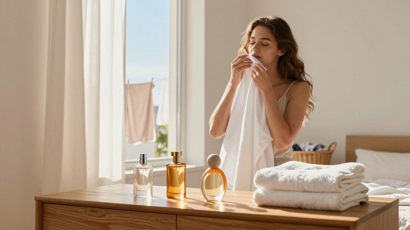 Mulher cheira uma camisa branca numa divisão iluminada com perfumes e toalhas sobre a cômoda de madeira.