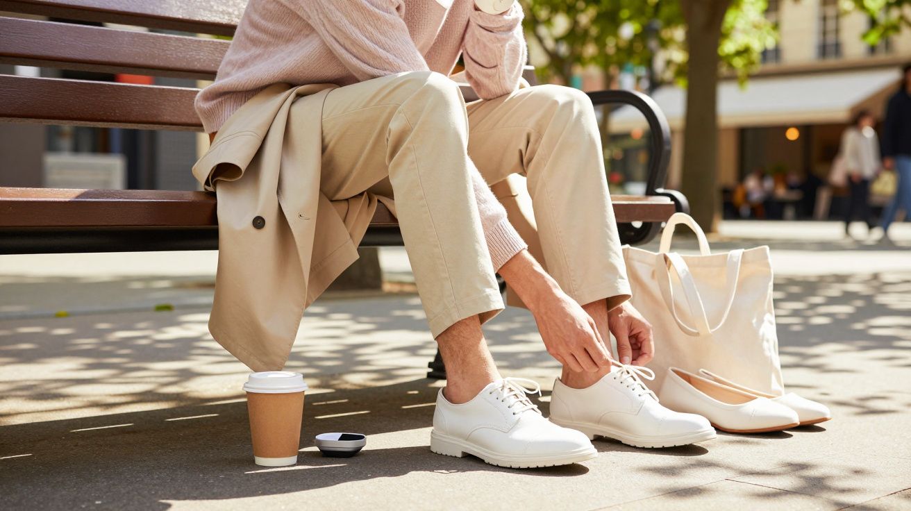 Pessoa sentada num banco a calçar sapatos brancos com copo de café e saco ao lado numa rua ensolarada.
