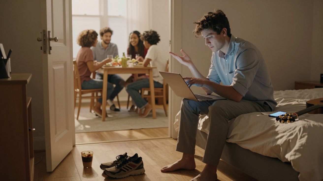Homem sentado na cama a trabalhar no computador, enquanto grupo de amigos conversa à mesa ao fundo.