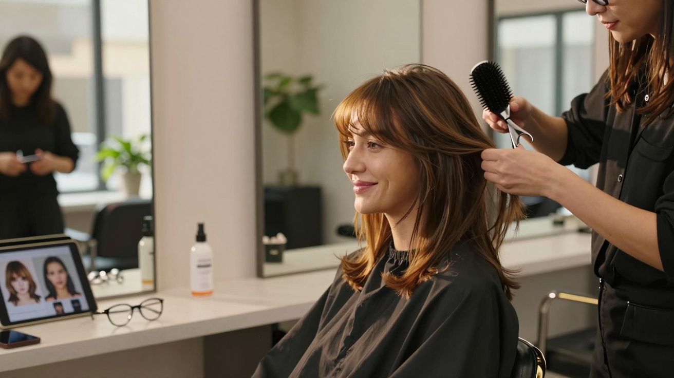 Mulher sorridente a apanhar cabelo numa cadeira de cabeleireiro enquanto profissional penteia os seus cabelos castanhos.
