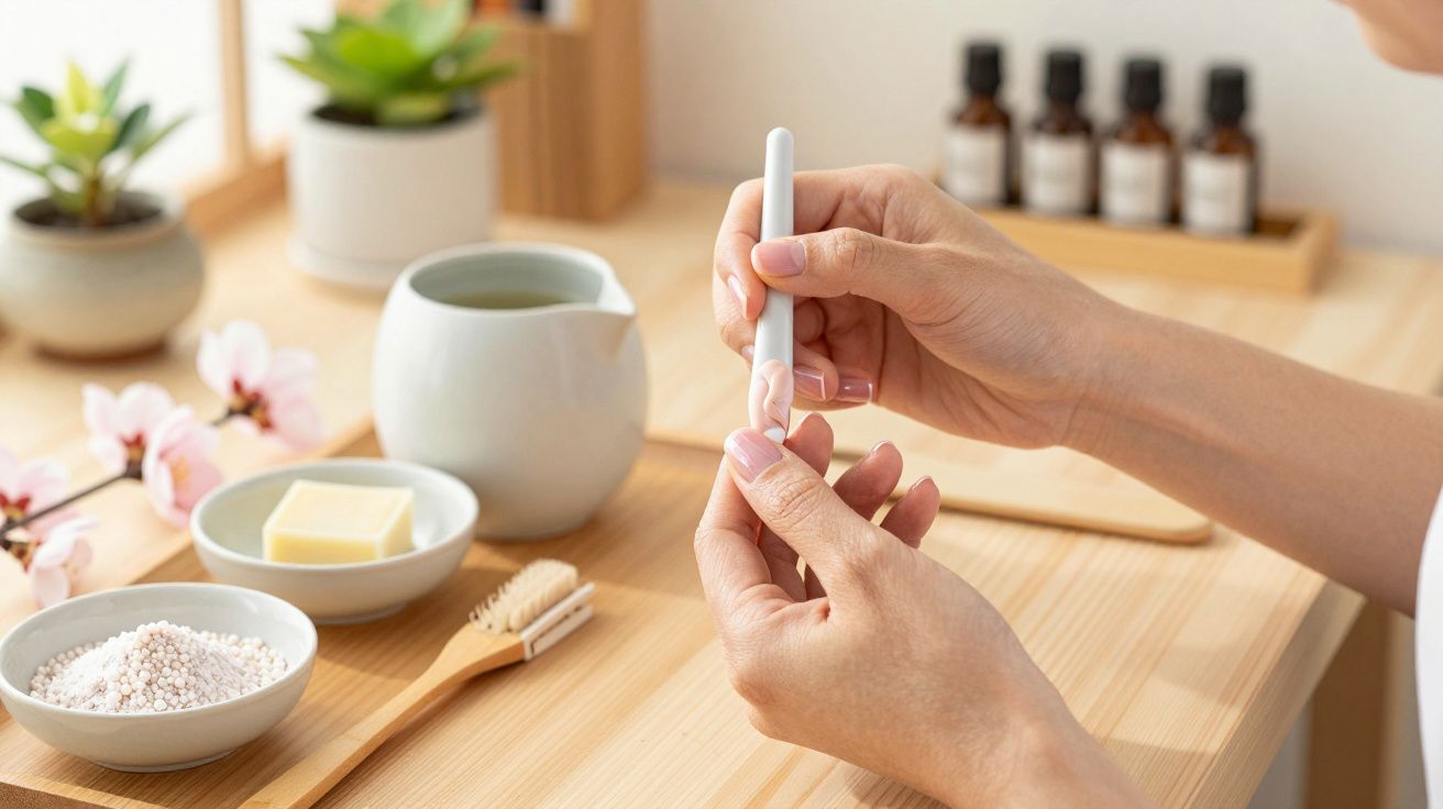 Pessoa a limpar ou tratar unhas com utensílio branco numa mesa com produtos de spa e plantas decorativas.