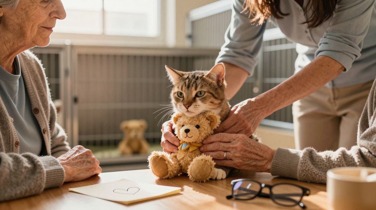 Gato com urso de peluche na mesa, com mãos de duas pessoas idosas a segurá-lo num ambiente iluminado.