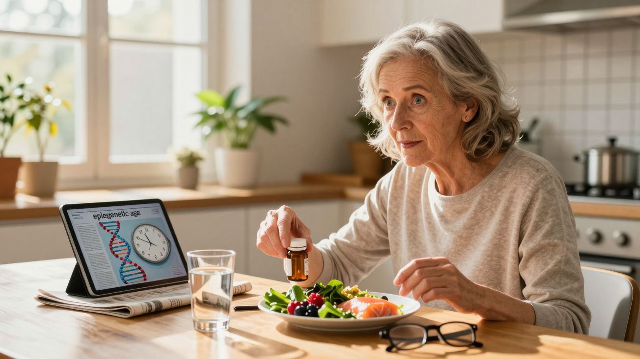 Idosa a tomar suplemento com uma refeição saudável na cozinha, com tablet sobre epigenética à sua frente.
