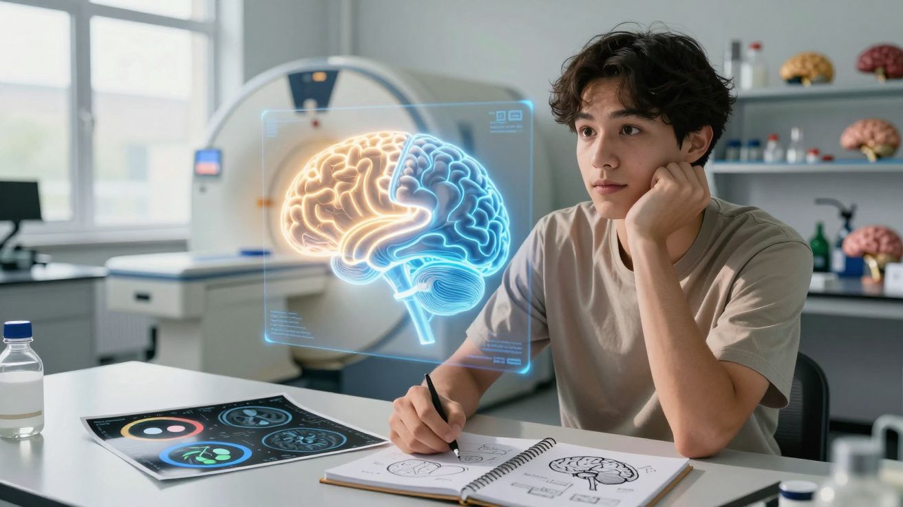 Jovem a estudar neurociência com caderno e holograma de cérebro numa sala de laboratório.