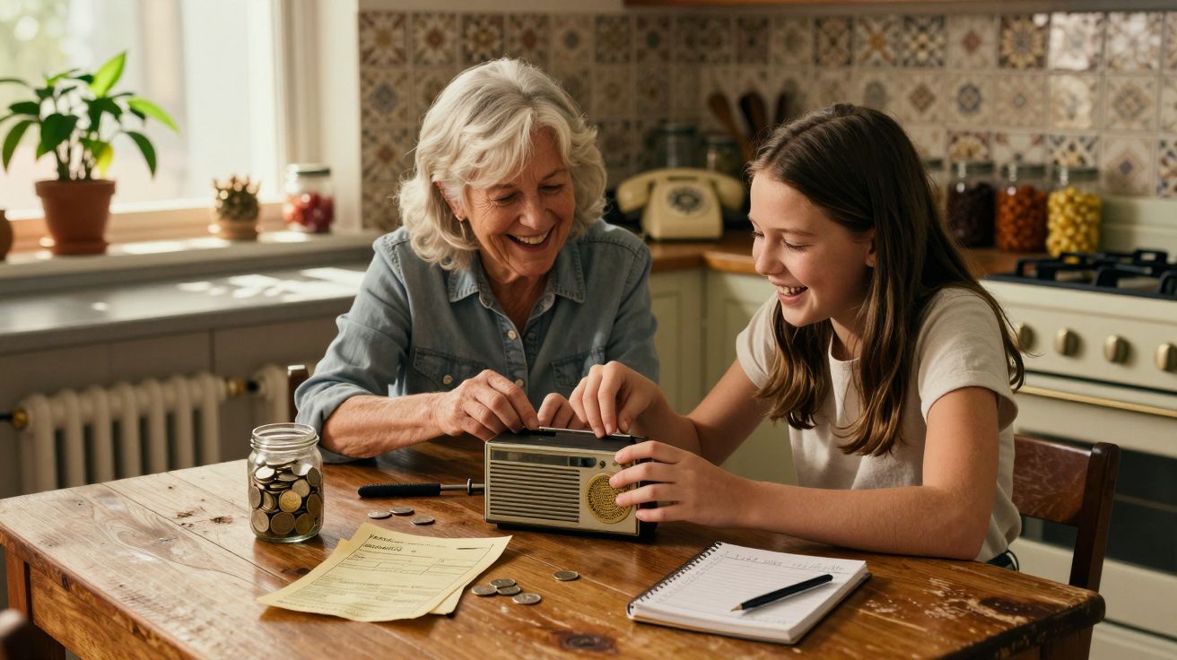 Avó e neta brincam com rádio antigo na cozinha, sentadas à mesa de madeira com moedas e caderno.
