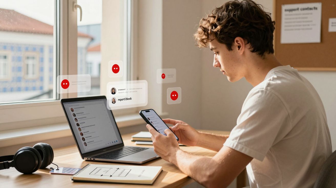 Jovem sentado à secretária a usar smartphone e laptop com notificações de bloqueio ou denúncia de utilizador.