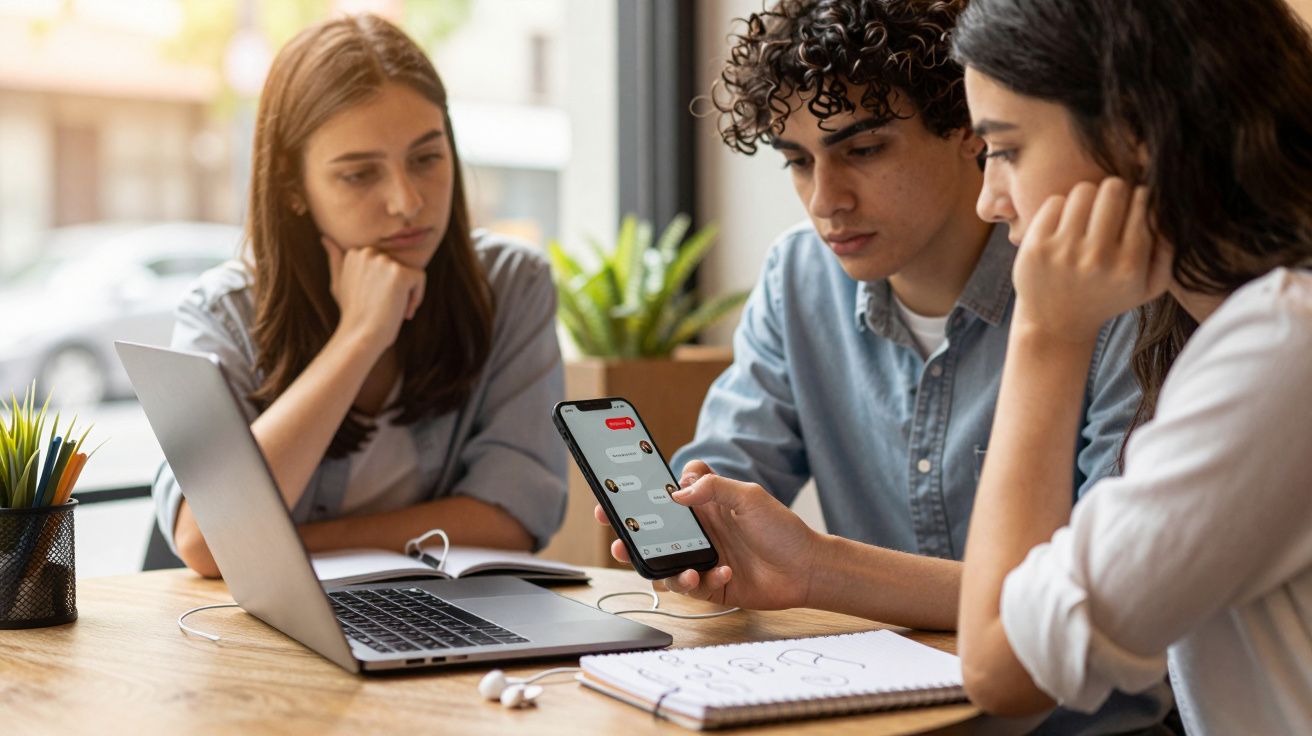 Três jovens a estudar juntos com laptop, caderno e telemóvel numa mesa junto à janela.