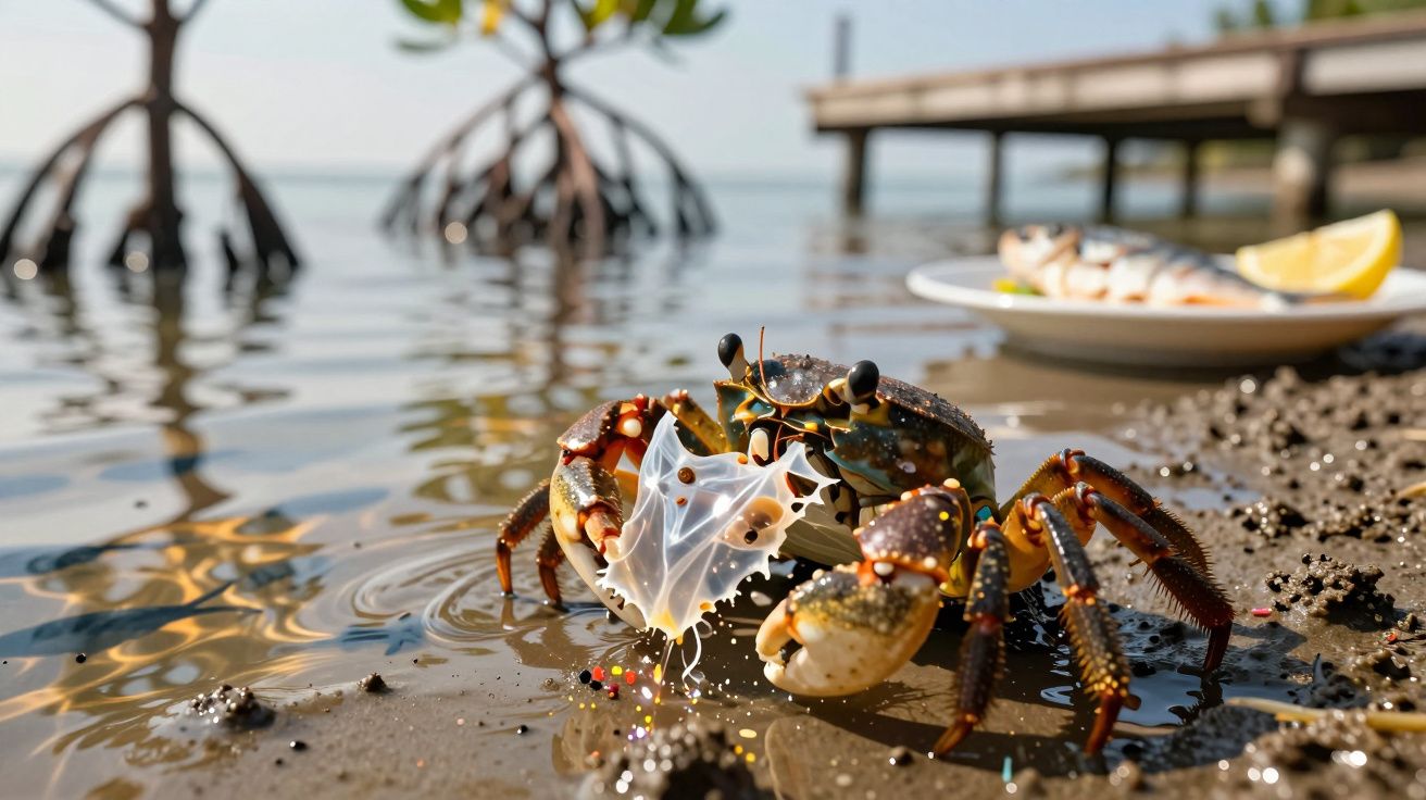 Caranguejo na lama junto à água segurando um pedaço de plástico branco transparente.