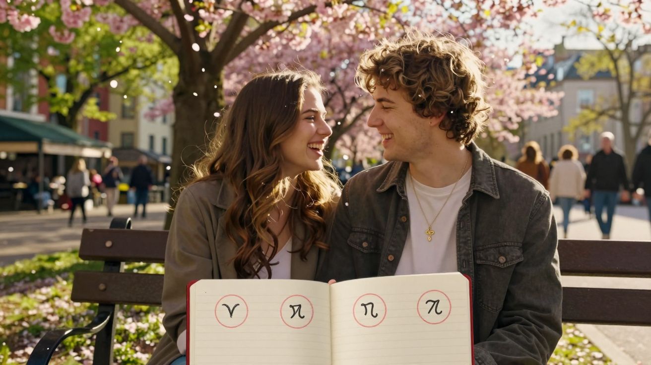 Jovem casal sorridente sentado num banco de parque, com flores de cerejeira ao fundo e caderno aberto com símbolos.
