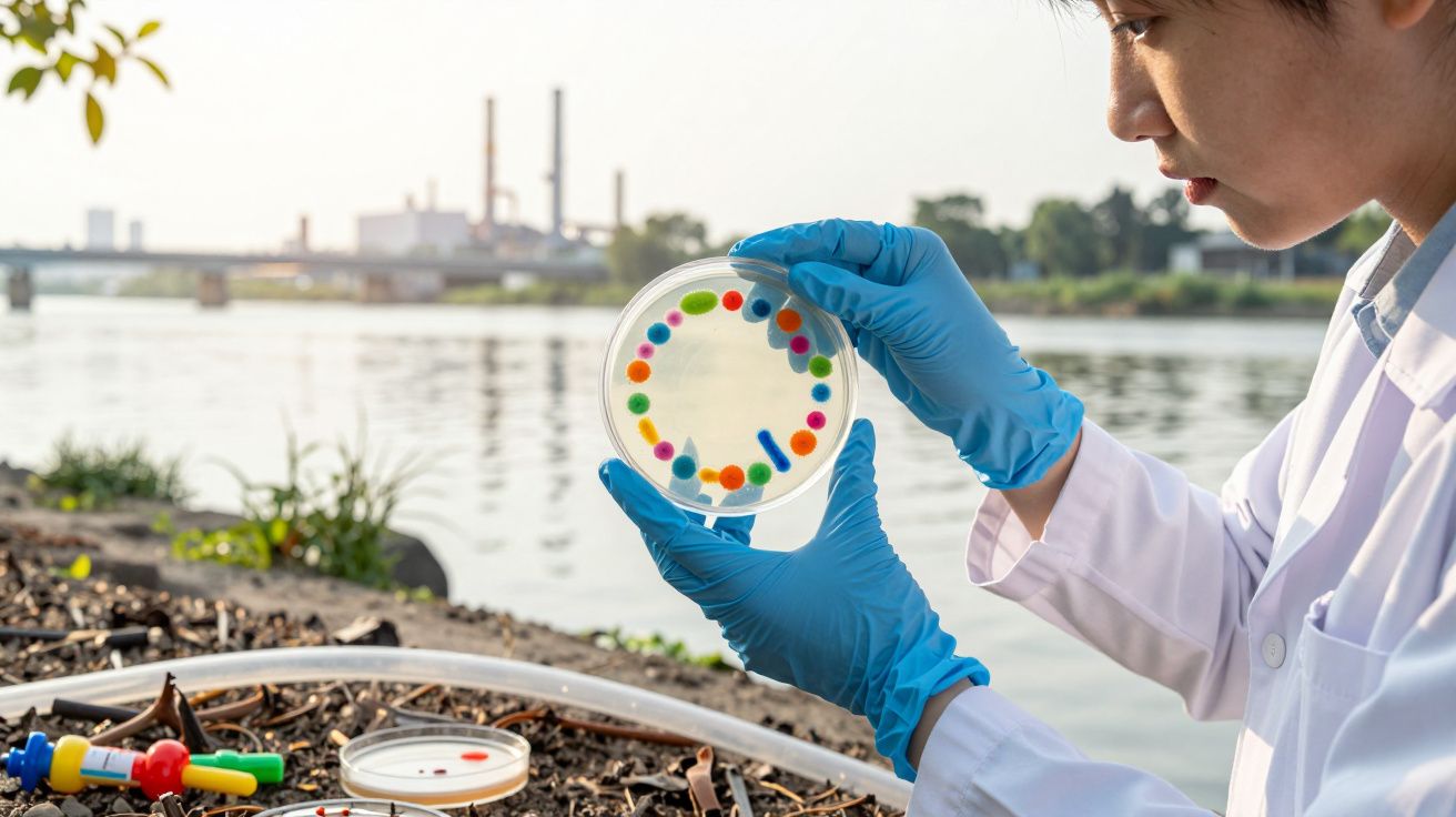 Cientista com luvas azuis analisa placa de Petri com colónias coloridas perto de rio, indústria ao fundo.