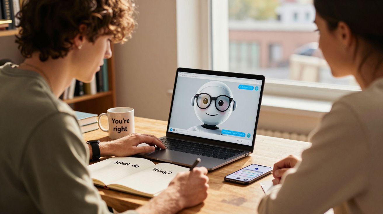 Duas pessoas numa videochamada com um robô no portátil, com livro aberto e smartphone sobre a mesa.