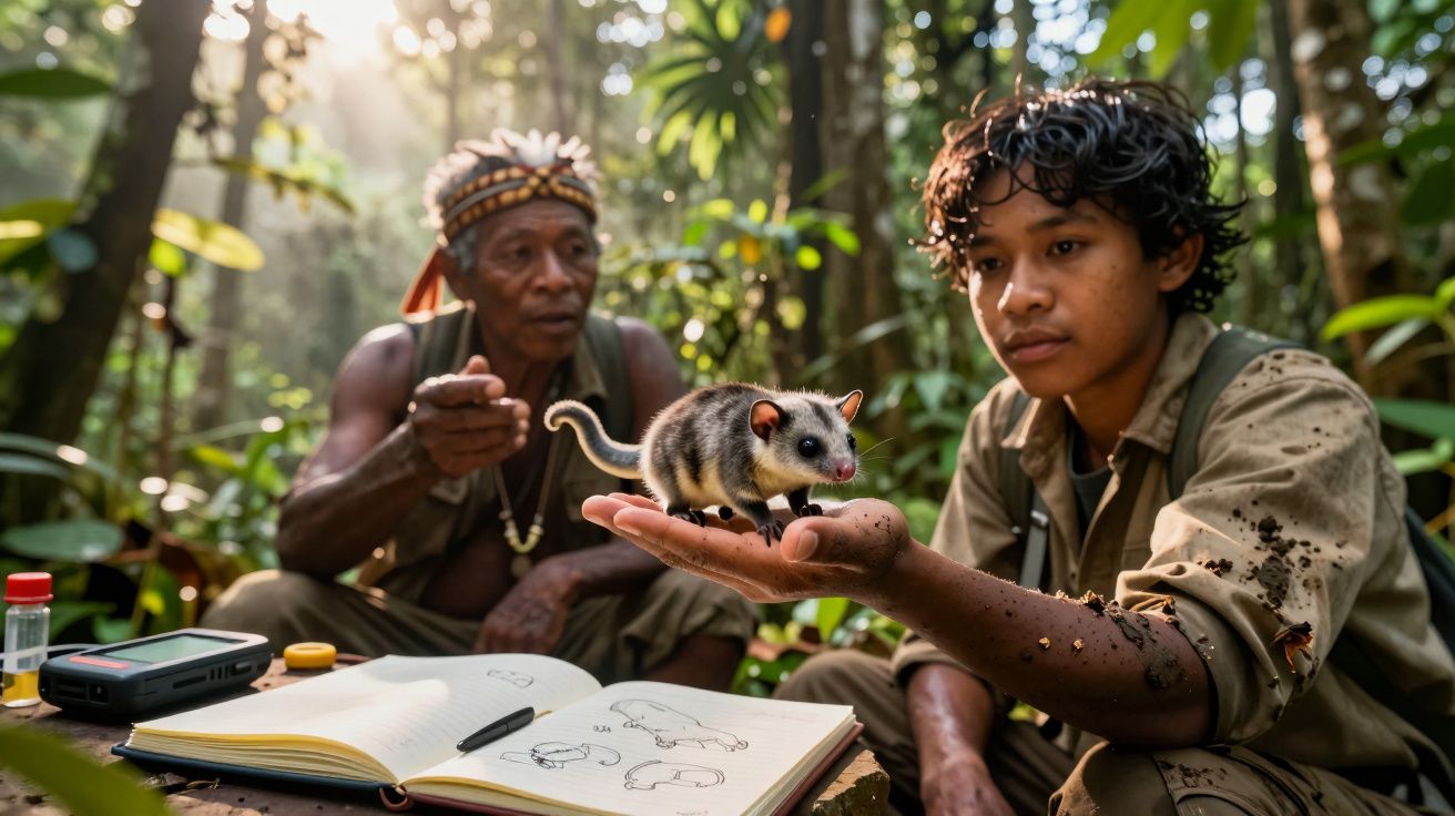 Jovem segura um pequeno animal na mão enquanto um idoso observa, ambos no meio da floresta com caderno aberto.